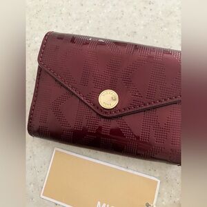 Michael Kors Patent Burgundy MK Logo Envelope Wallet with Gold Button